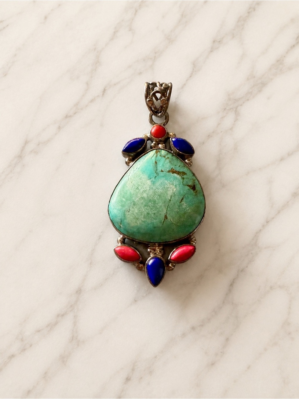 Sterling Silver Turquoise Pendant with Blue Lapis and Red Coral Accents